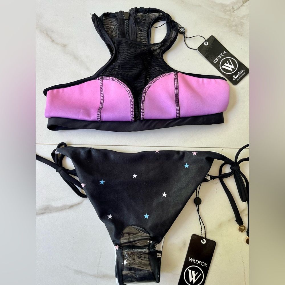 NWT wildfox black mesh halter purple starry space bikini set